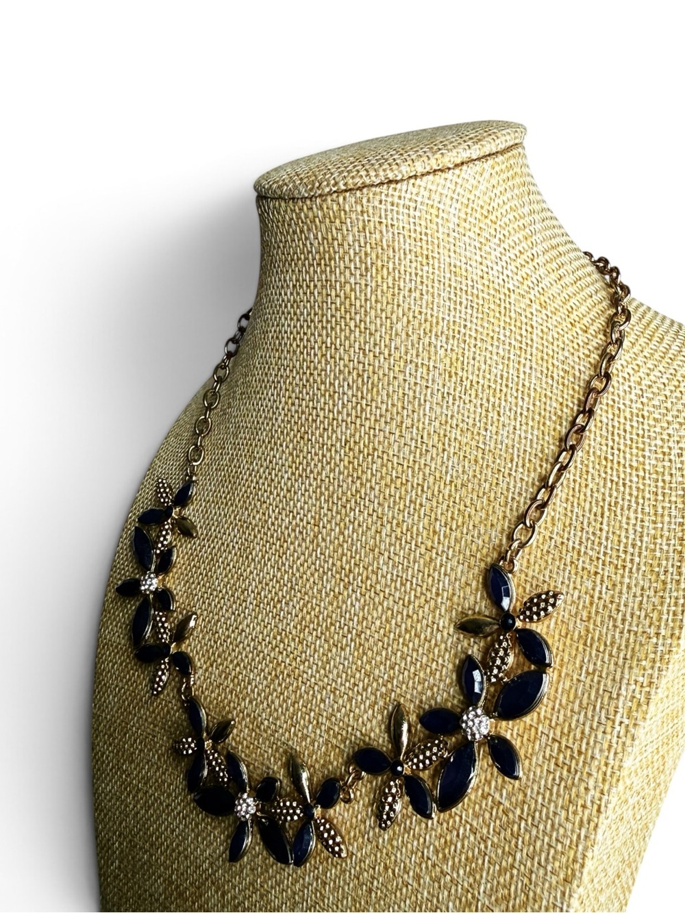 New York & Co. Gold‑Tone Floral Statement Necklace – Navy & Clear Rhinestones - Picture 6 of 14